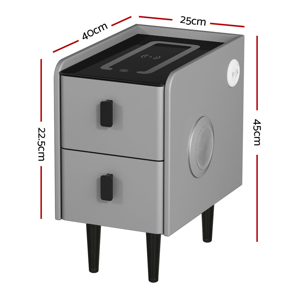 Artiss Smart Bedside Table 2 Drawers with Wireless Charging LED Lights Grey