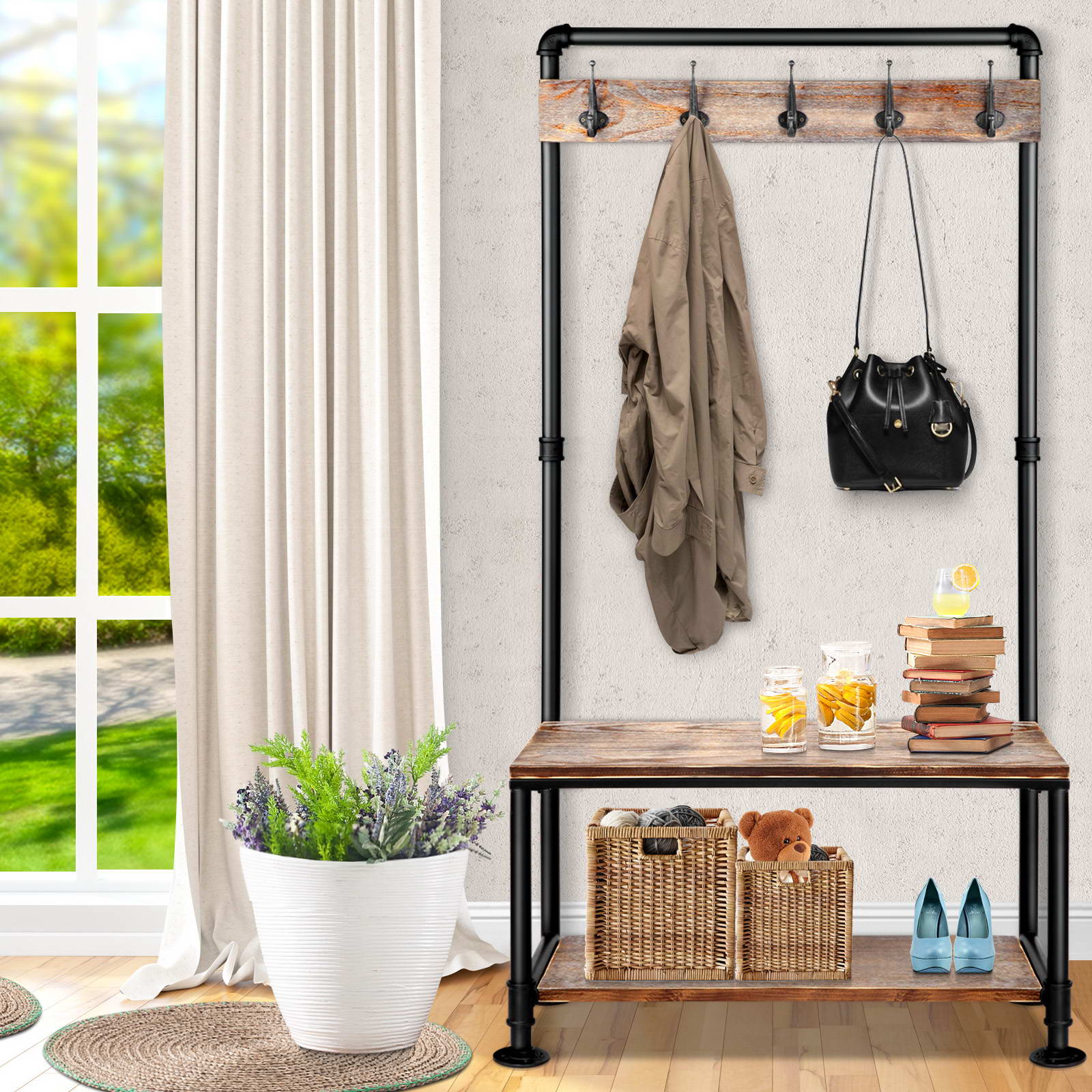 Artiss Clothes Rack Shoe Rack Vintage Coat Stand Hallway Shelf