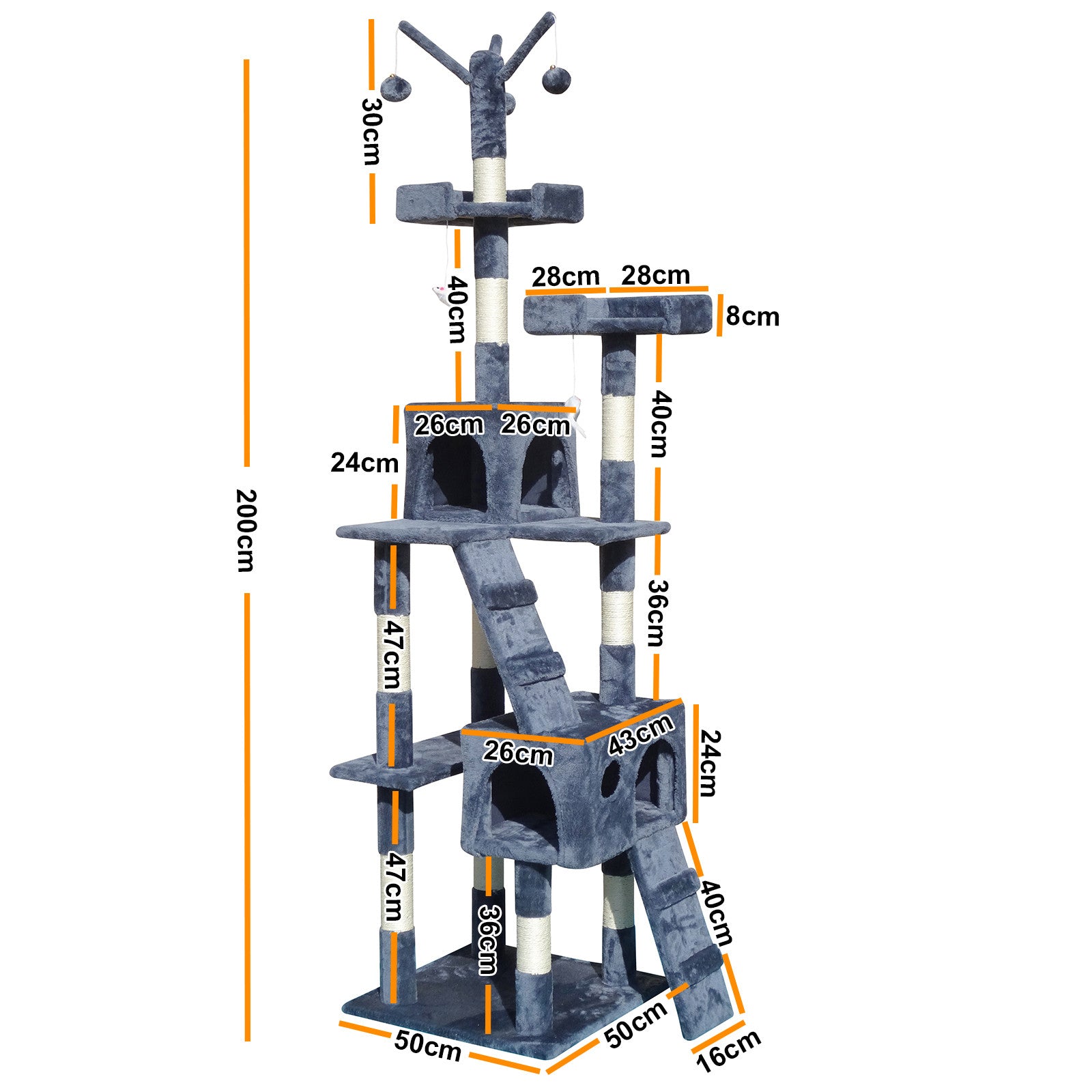 4Paws Cat Tree Scratching Post House Furniture Bed Luxury Plush Play 200cm - Grey
