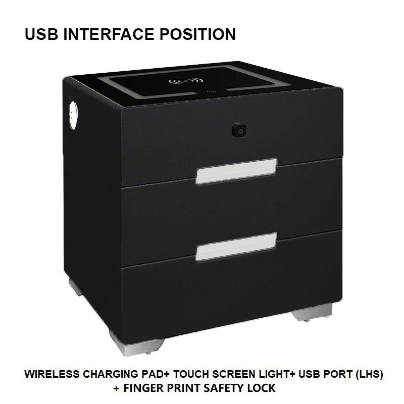 Smart Bedside Tables Finger Print Lock Side 3 Drawers Wireless Charging USB Nightstand LED AU