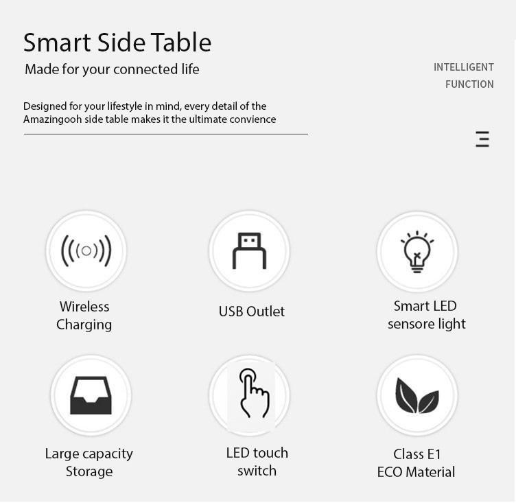 Smart Bedside Tables Finger Print Lock Side 3 Drawers Wireless Charging USB Nightstand LED AU