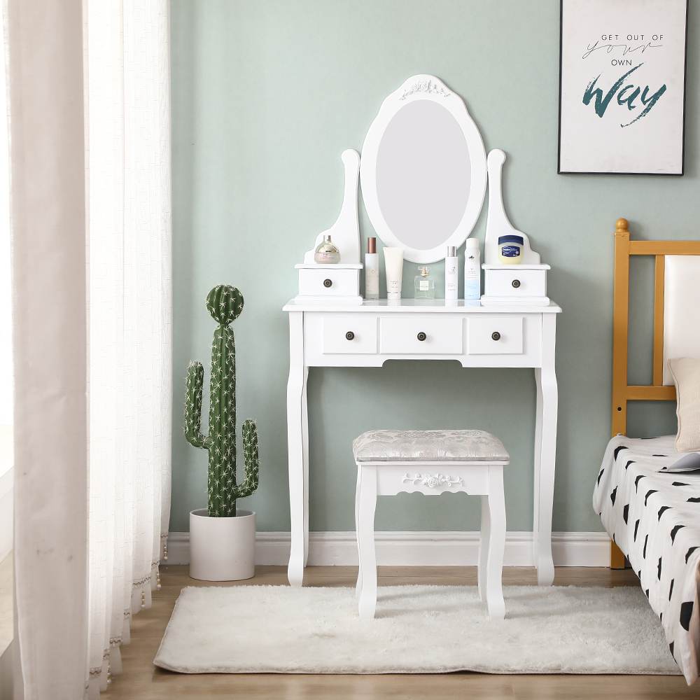 Carved Dressing Vanity Table Set with Mirror&Stool- White