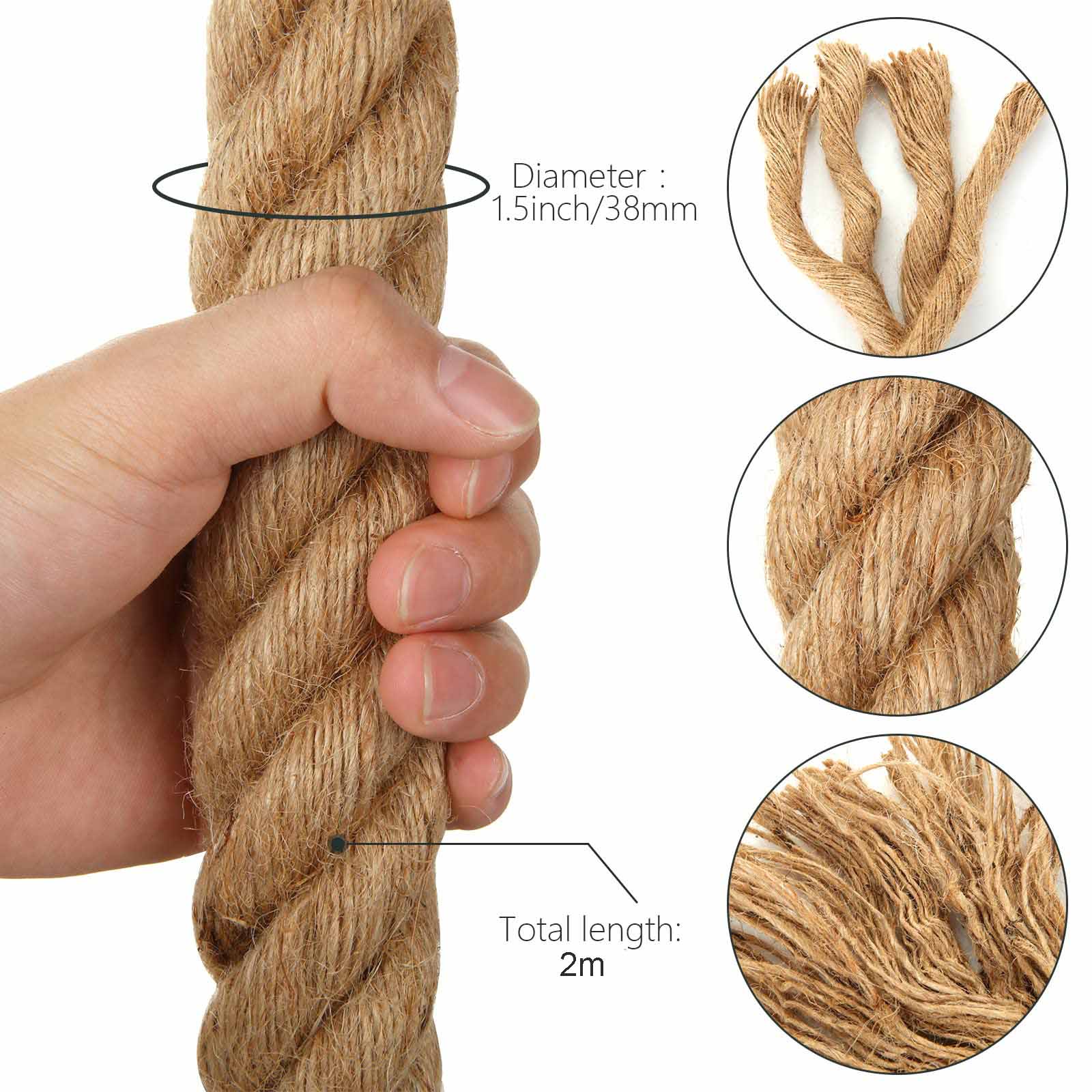 2m Sisal 40mm Rope Natural Twine Cord Thick Jute Hemp Manila Crafting Home Decor