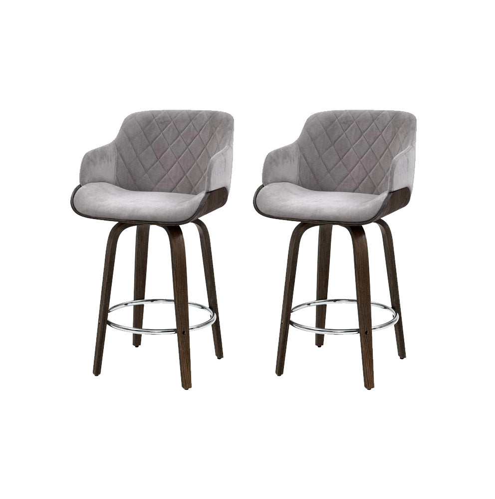 Artiss 2x Kitchen Bar Stools Wooden Bar Stool Chairs Swivel Velvet Fabric Grey