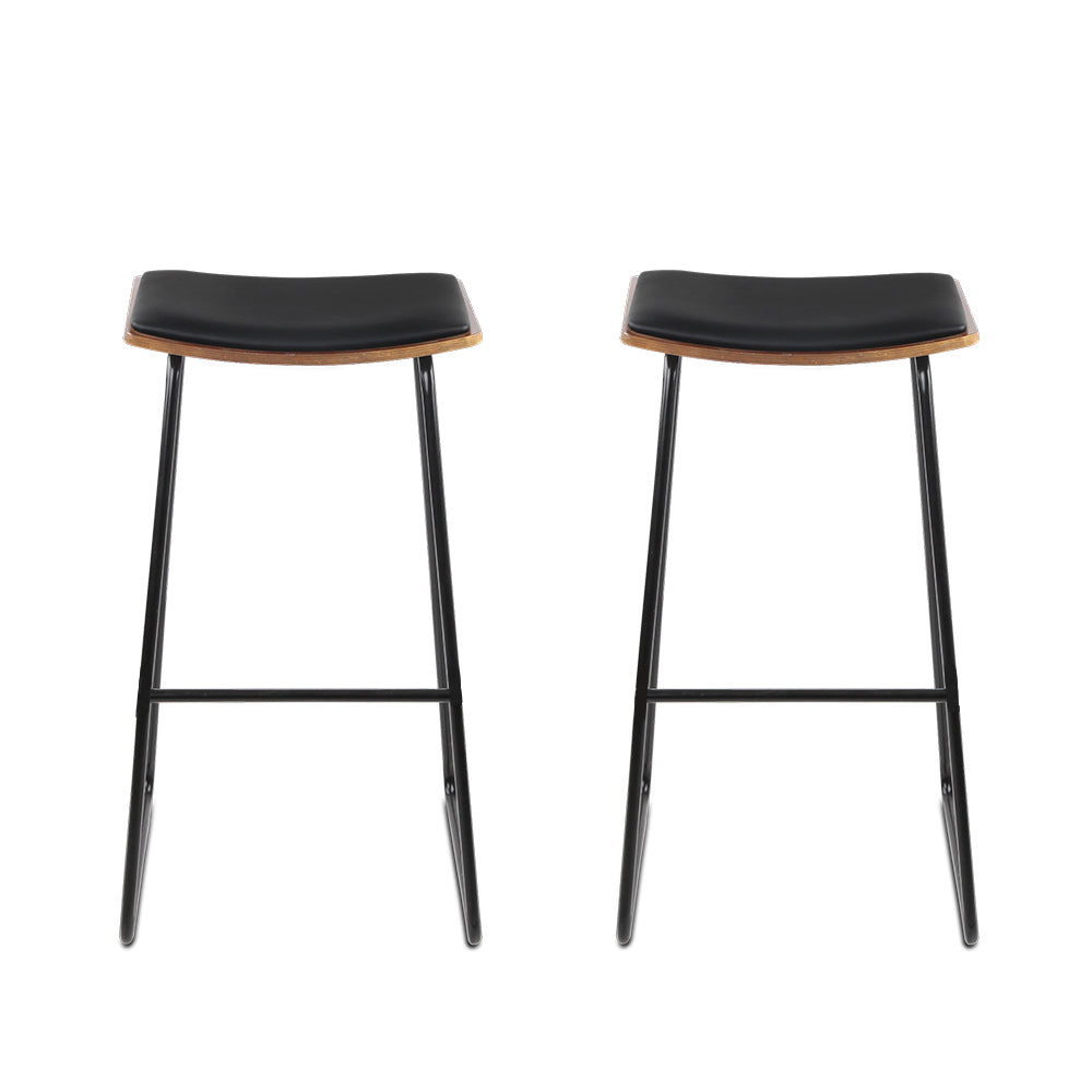 Artiss Set of 2 Backless PU Leather Bar Stools - Black and Wood