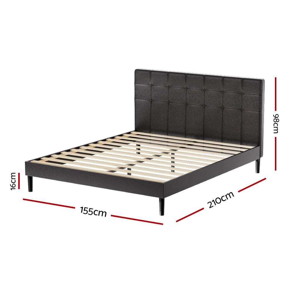 Artiss Bed Frame Queen Bed Base w LED Lights Charge Ports Black Leather RAVI