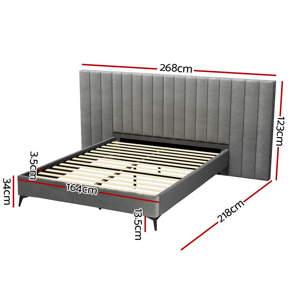 Artiss Bed Frame Queen Size Bed Base w Oversized Headboard Velvet Fabric Grey