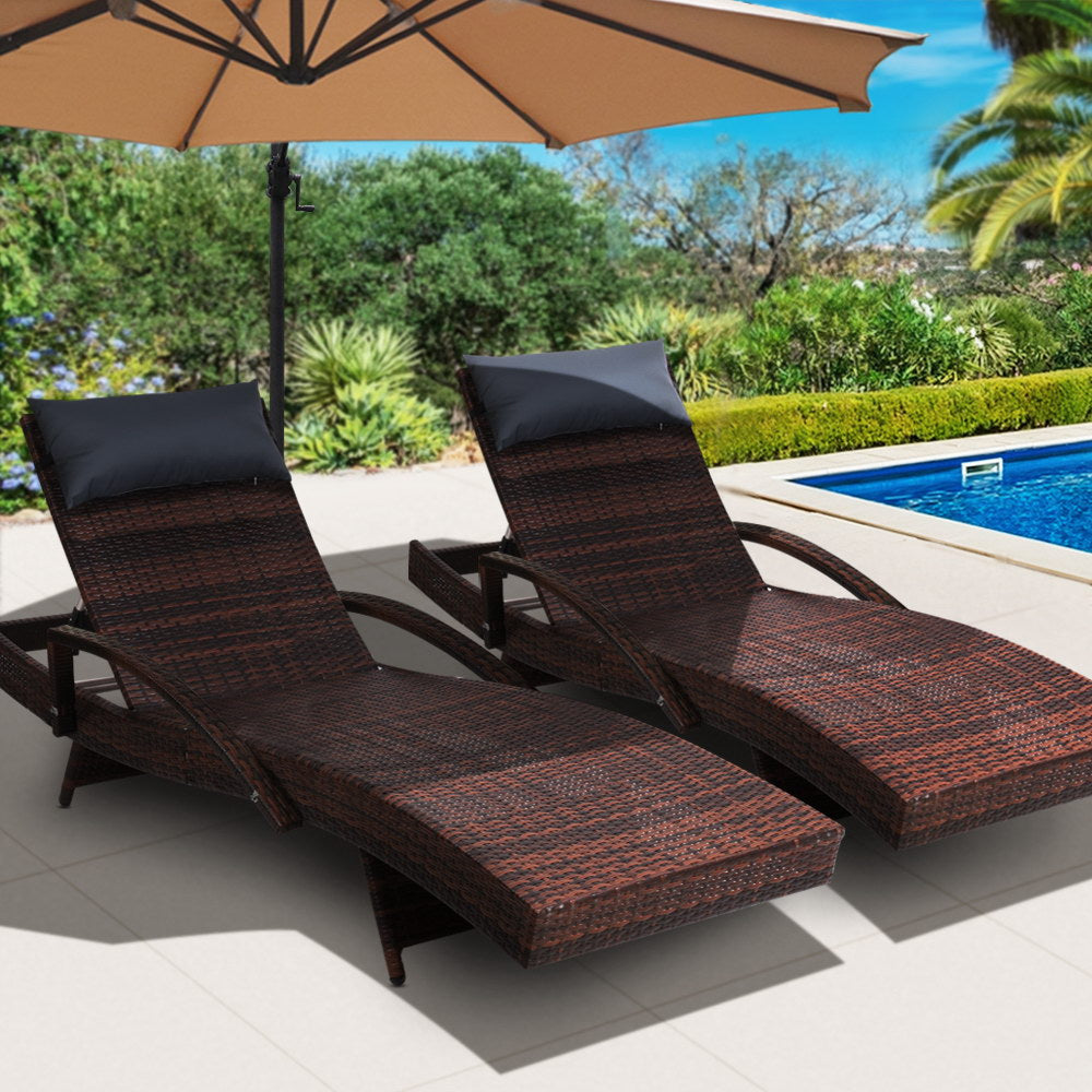 Gardeon Set of 2 Sun Lounge Outdoor Furniture Wicker Lounger Rattan Day Bed Garden Patio Brown