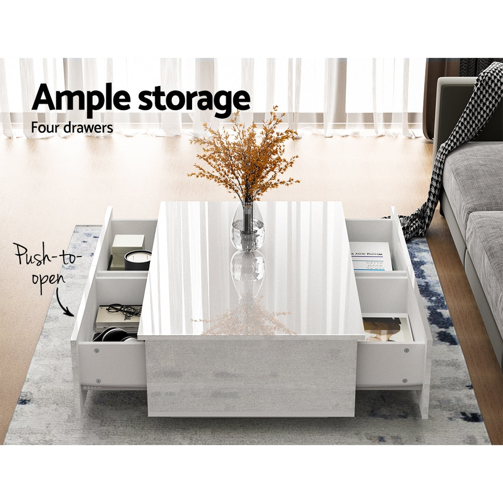 Artiss Modern Coffee Table 4 Storage Drawers High Gloss Living Room Furniture White