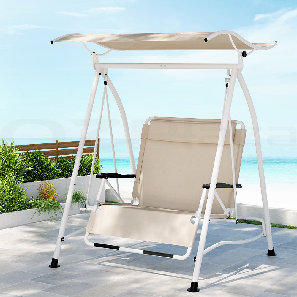 Gardeon Outdoor Swing Chair Garden Lounger 2 Seater Canopy Patio Furniture Beige