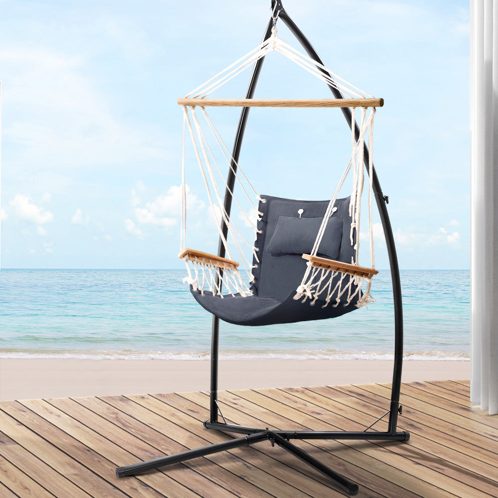 Gardeon Outdoor Hammock Chair with Steel Stand Hanging Hammock Beach Grey