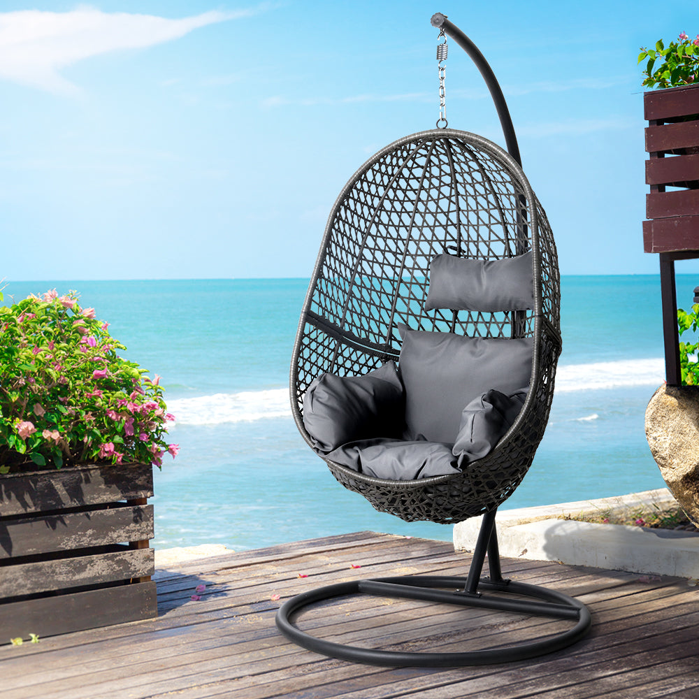 Gardeon Swing Chair Egg Hammock With Stand Outdoor Furniture Wicker Seat Black