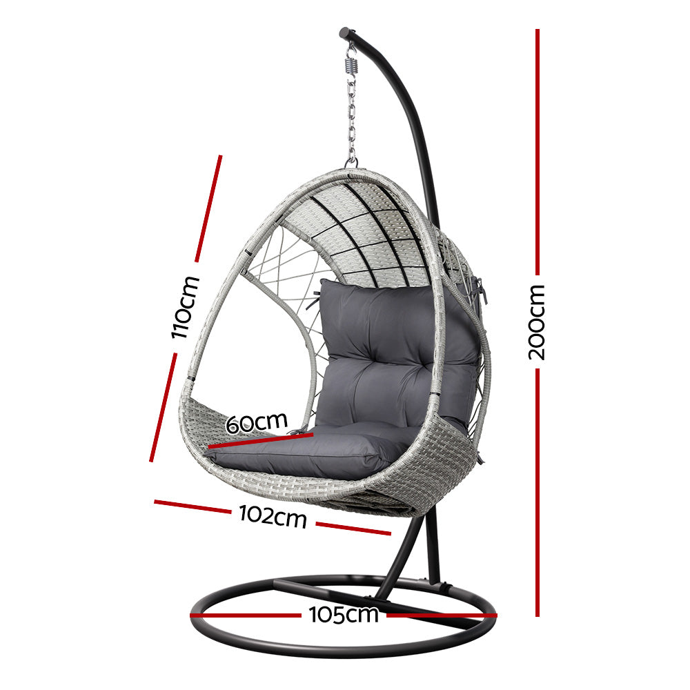 Gardeon Outdoor Egg Swing Chair with Stand Cushion Wicker Armrest Light Grey