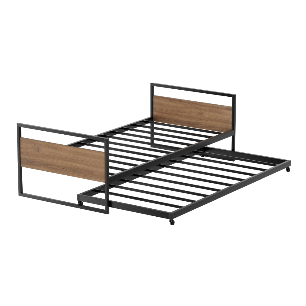 Artiss Bed Frame Metal Bed Base with Trundle Daybed Wooden Headboard Single DEAN