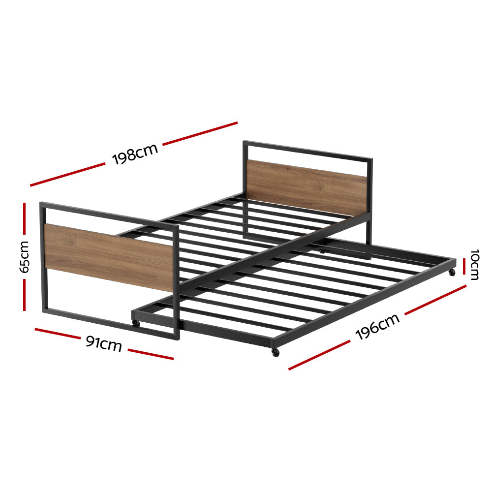 Artiss Bed Frame Metal Bed Base with Trundle Daybed Wooden Headboard Single DEAN