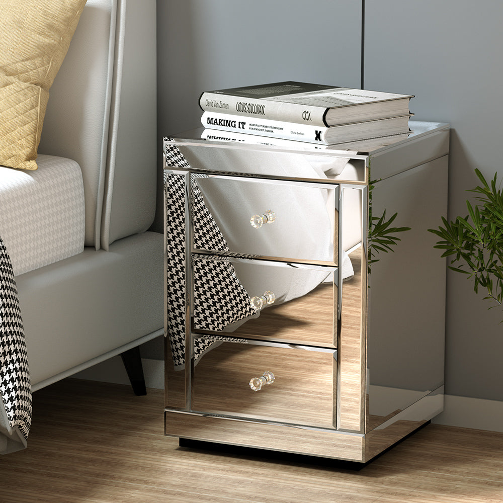 Artiss Mirrored Bedside Table Drawers Furniture Mirror Glass Presia Silver