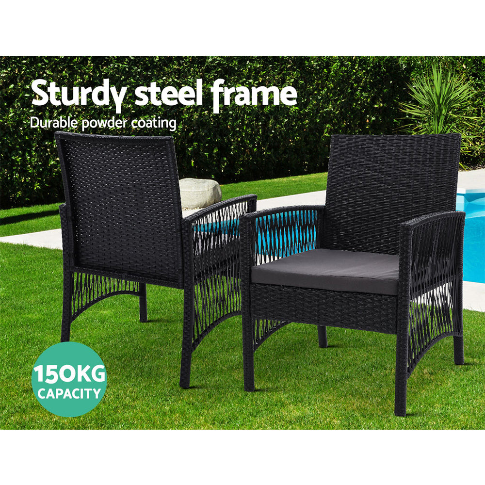 Gardeon Outdoor Furniture Dining Chairs Wicker Garden Patio Cushion Black 3PCS Tea Coffee Cafe Bar Set