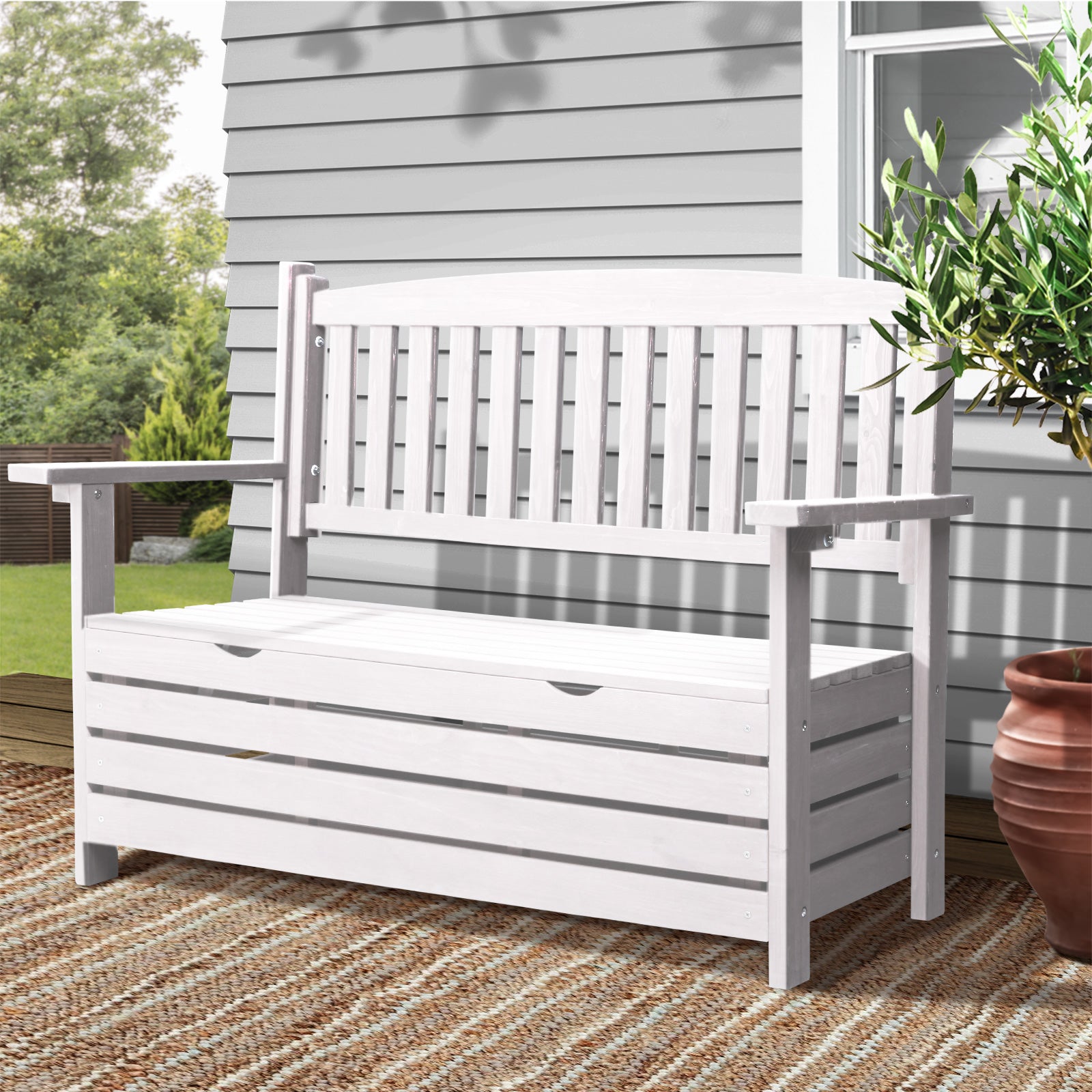 Gardeon Outdoor Storage Bench Box Wooden Garden Chair 2 Seat Timber Furniture White