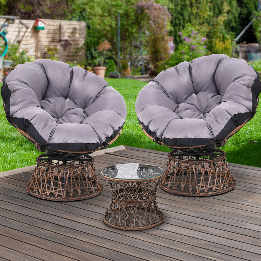 Gardeon Outdoor Lounge Setting Papasan Chairs Table Patio Furniture Wicker Brown