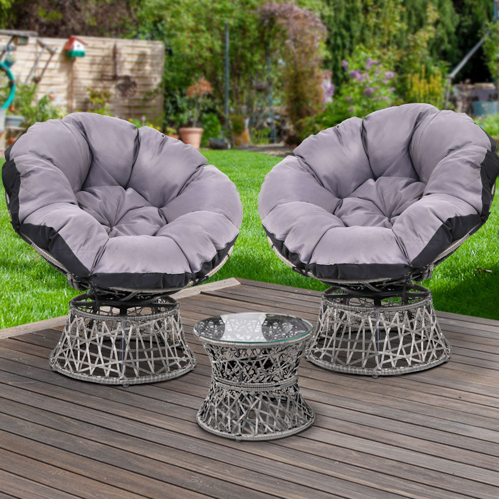 Gardeon Outdoor Lounge Setting Papasan Chairs Table Patio Furniture Wicker Grey