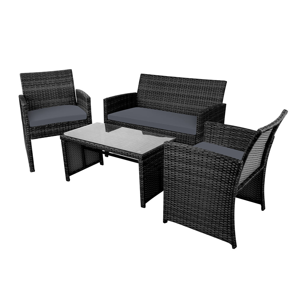 Gardeon Rattan Furniture Outdoor Lounge Setting Wicker Dining Set w/Storage Cover Black