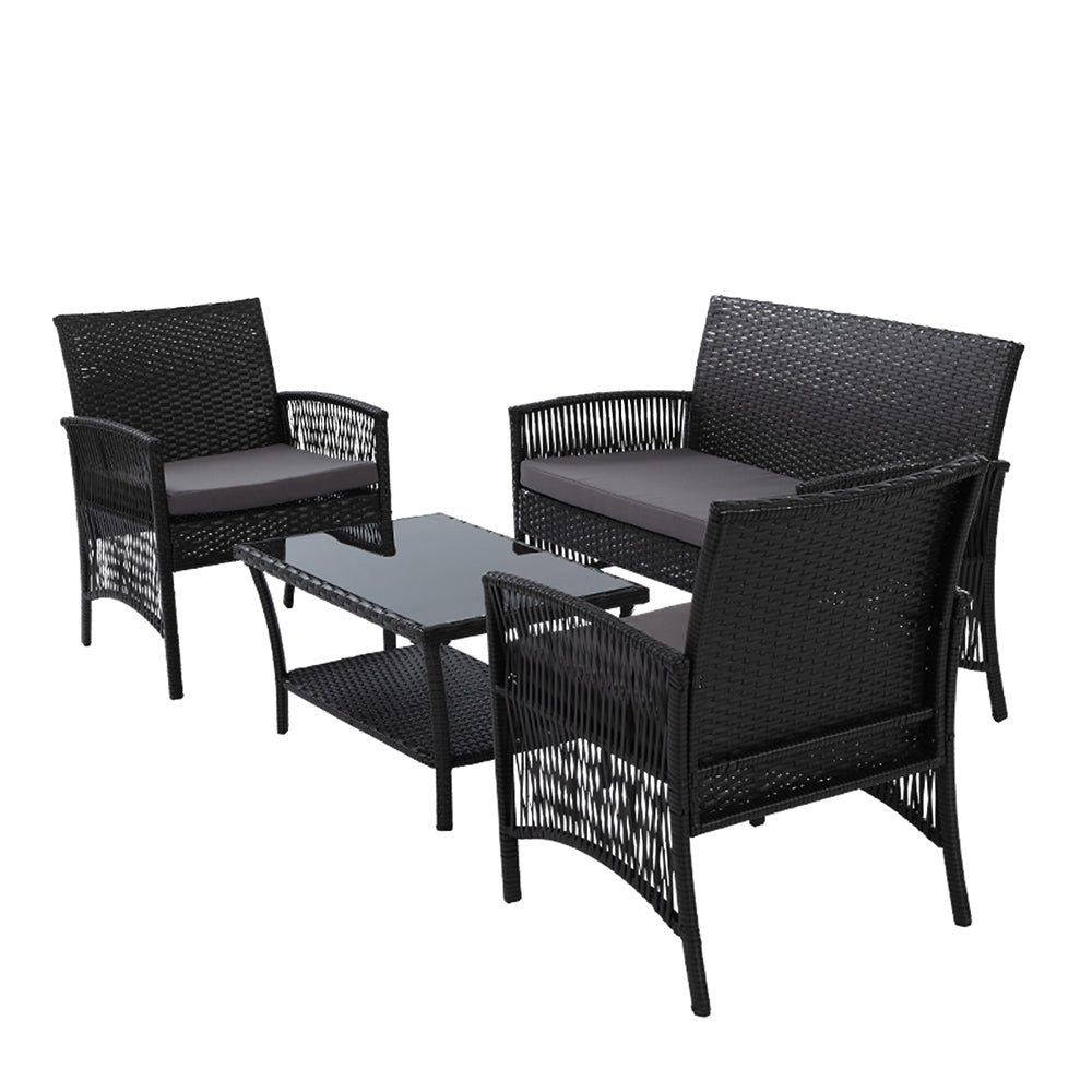 Gardeon 4 PCS Outdoor Furniture Lounge Setting Wicker Dining Set Black