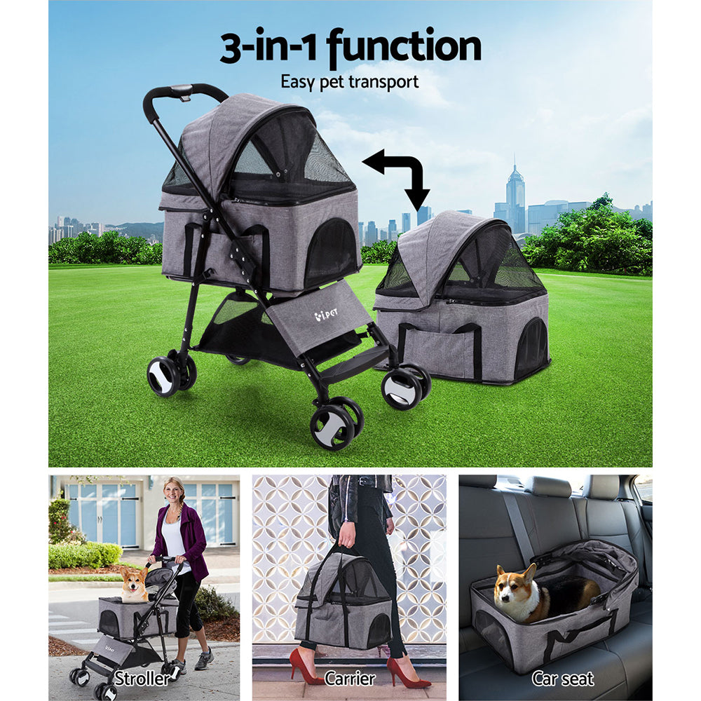 i.Pet Pet Stroller Dog Carrier Foldable Pram 3 IN 1 Middle Size Grey