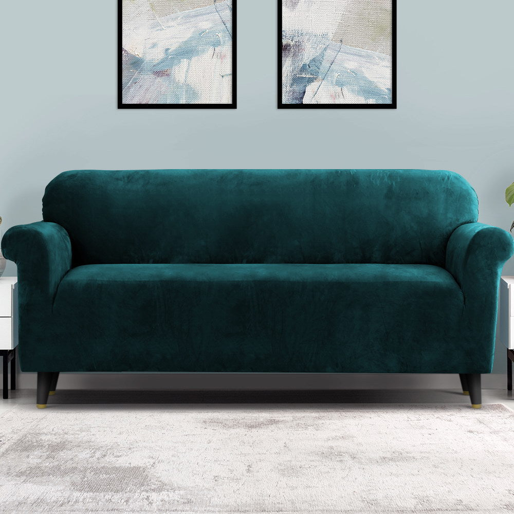 Artiss Velvet Sofa Cover Plush Couch Cover Lounge Slipcover 4 Seater Agate Green