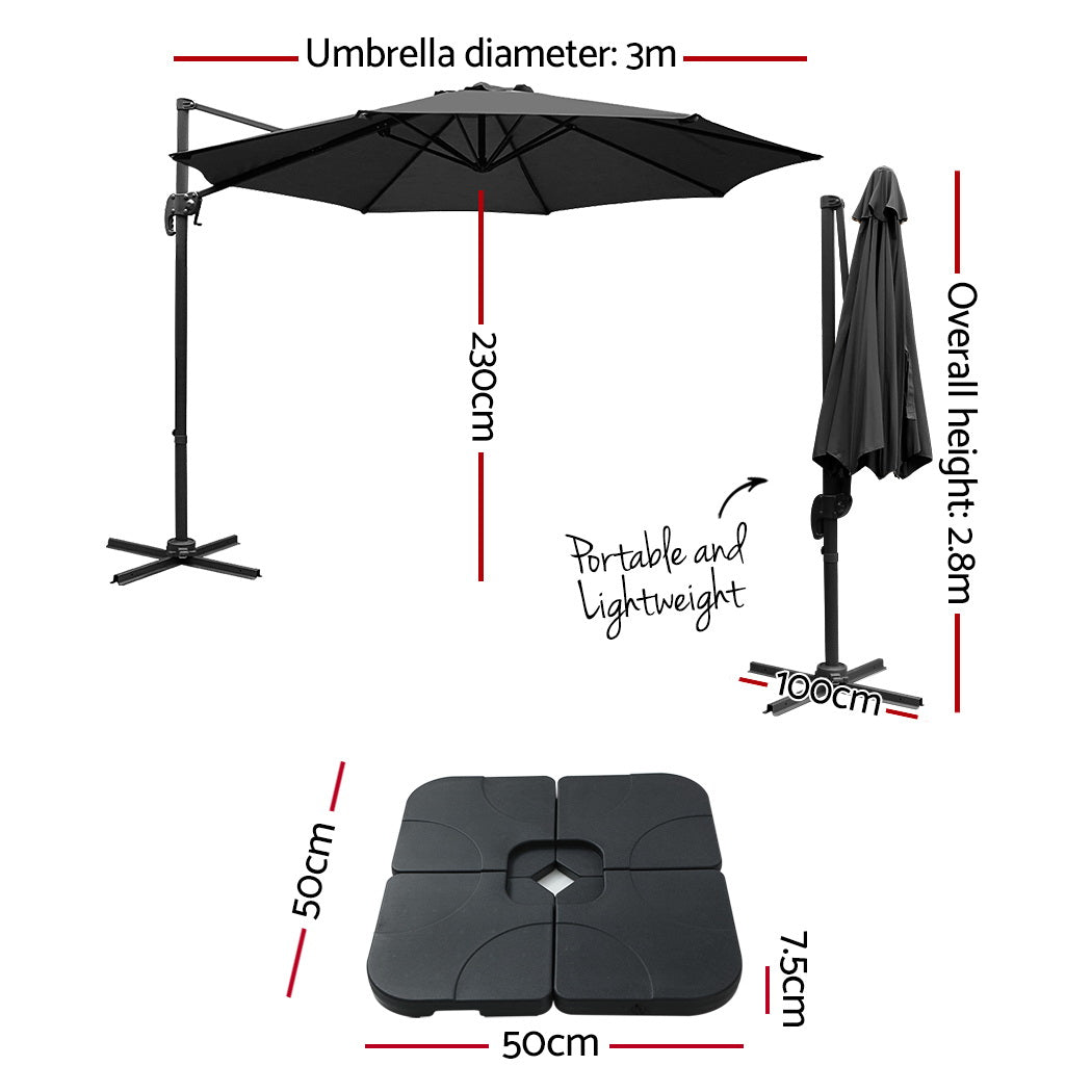 Instahut Outdoor Umbrella 3m Base Cantilever Beach Stand Sun Roma Black 50cm