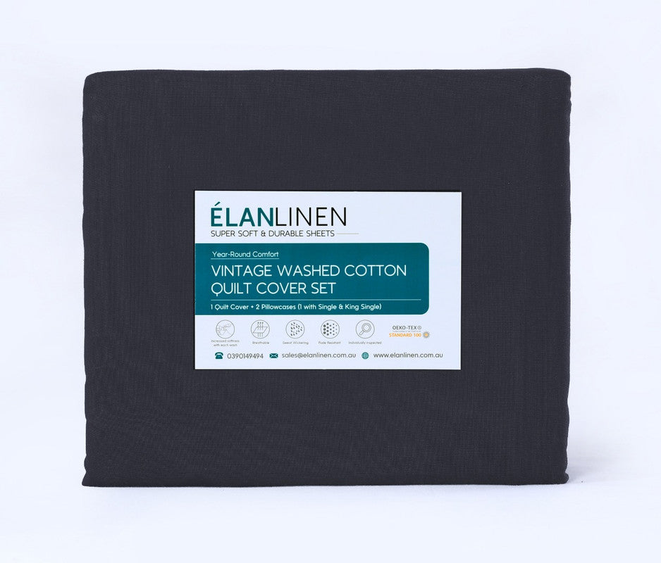 Elan Linen 100% Egyptian Cotton Vintage Washed 500TC Charcoal King Bed Sheets Set