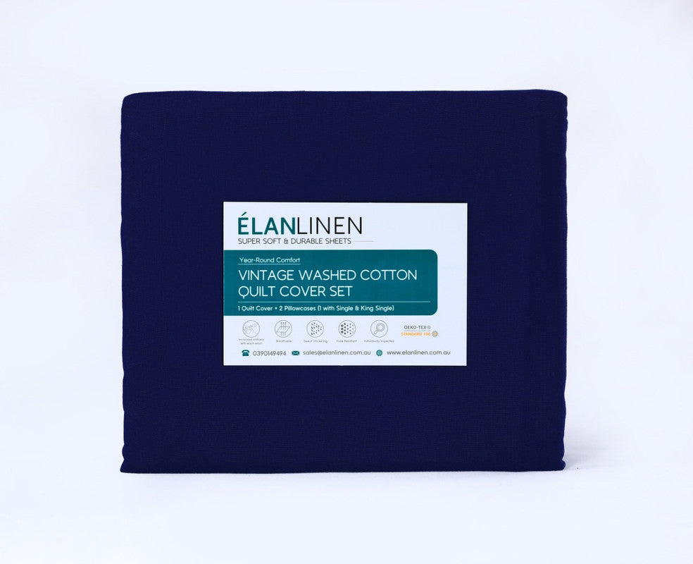 Elan Linen 100% Egyptian Cotton Vintage Washed 500TC Navy Blue King Bed Sheets Set