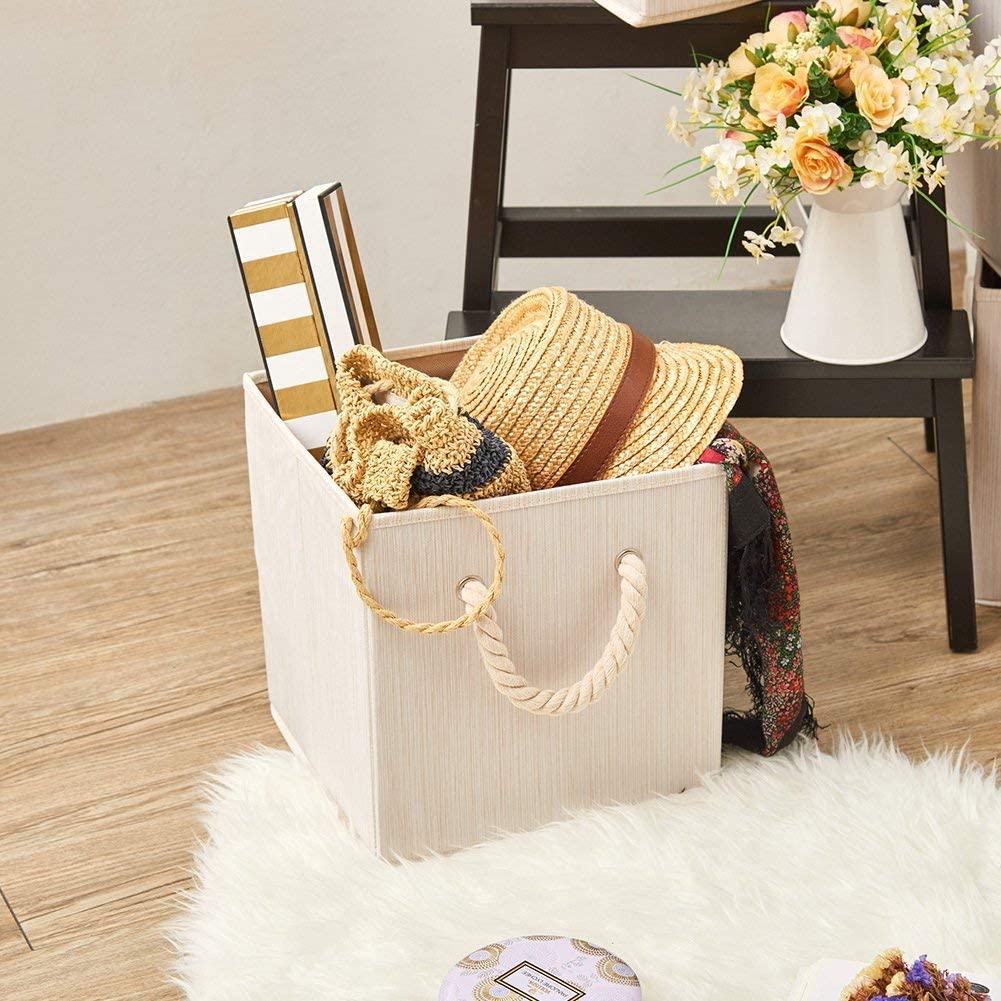 Pack of 4 Foldable Fabric Storage Cube Bins with Cotton Rope Handle and Collapsible Water Resistant Basket Box Organizer for Shelves (Beige)