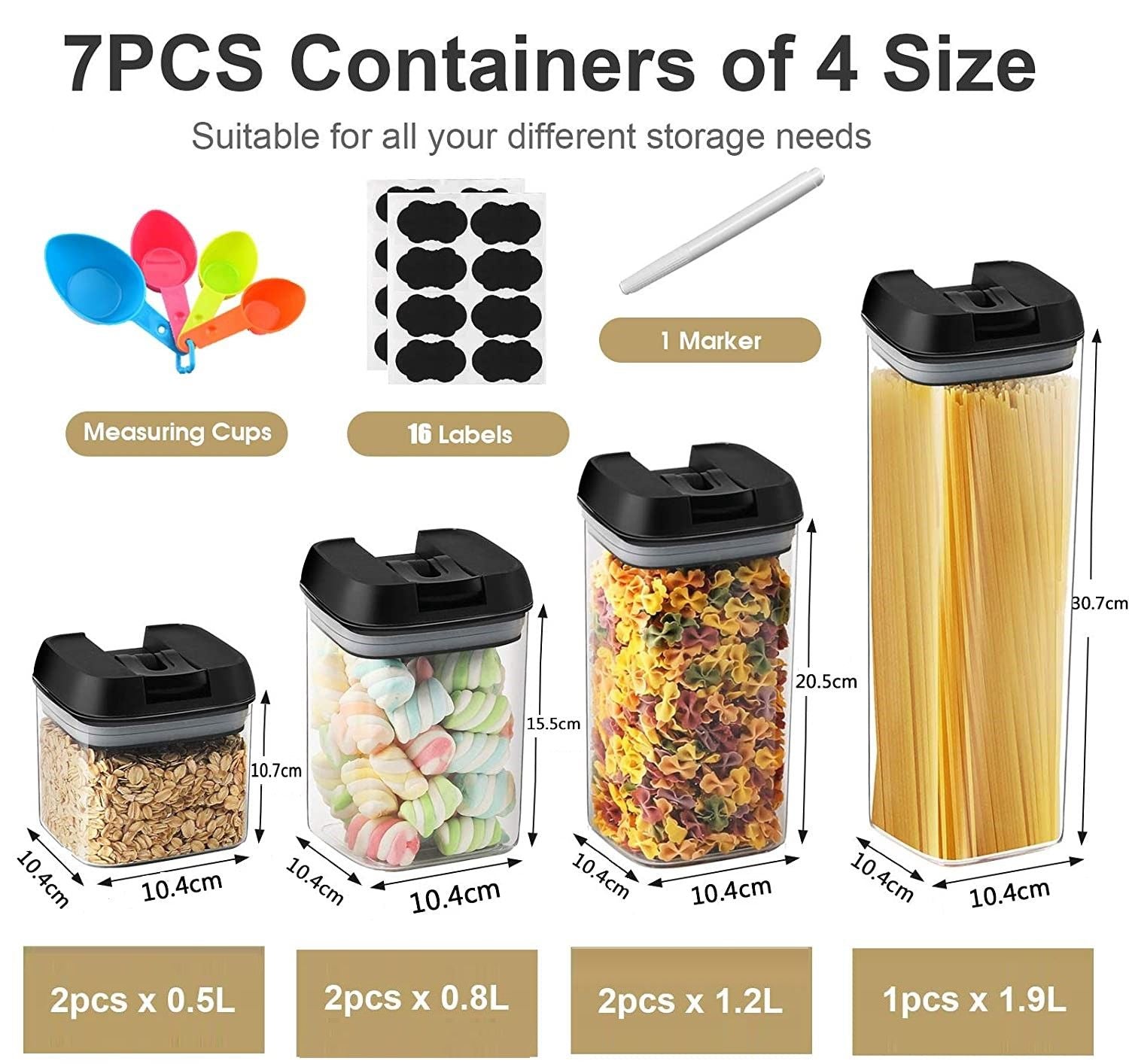 7 Pieces Airtight Food Storage and BPA Free Plastic with Easy Lock Black Lids Labels for Kitchen