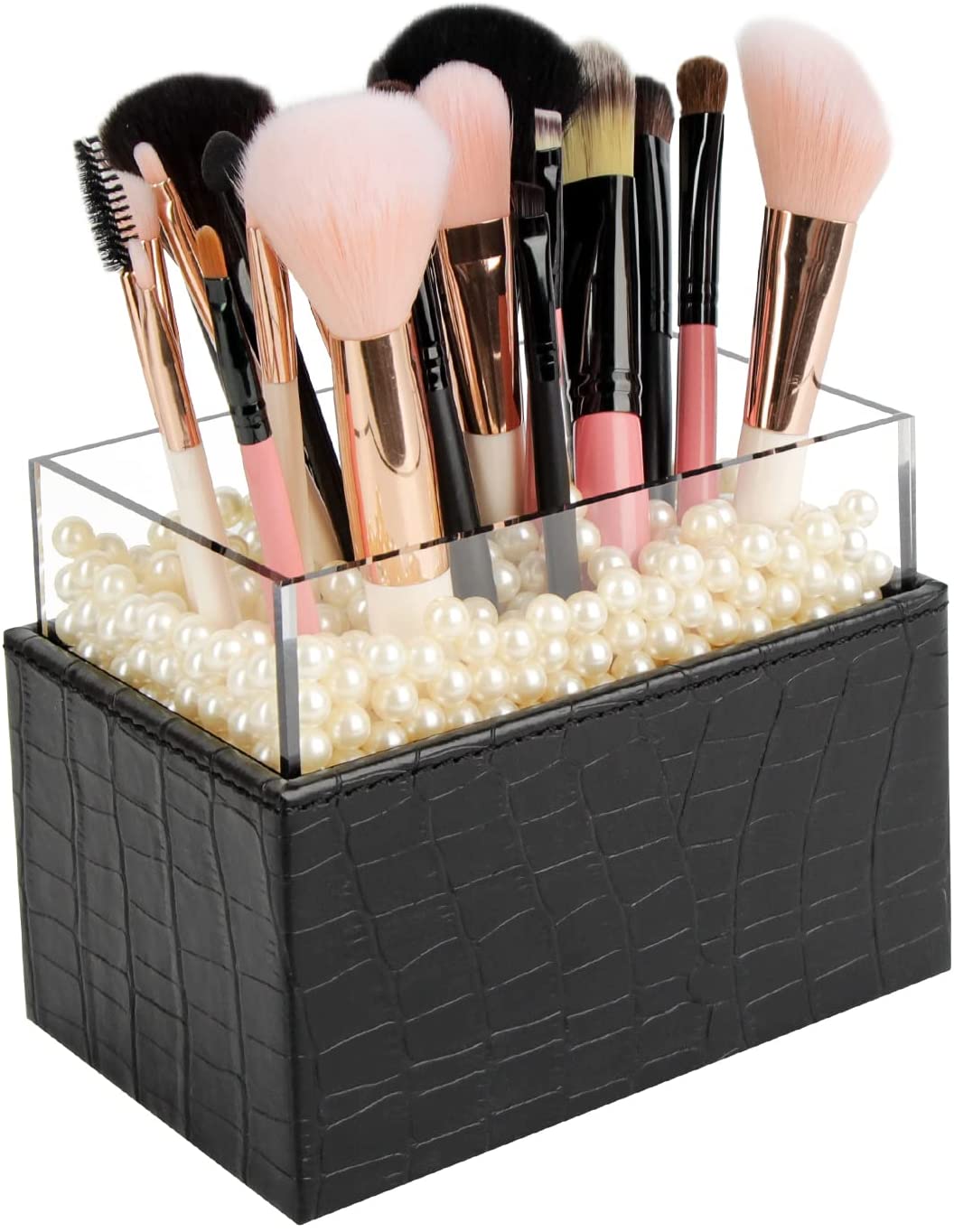 Leather Makeup Brush Cosmetic Organiser Storage Box with Pink Pearls and Acrylic Cover (Black)