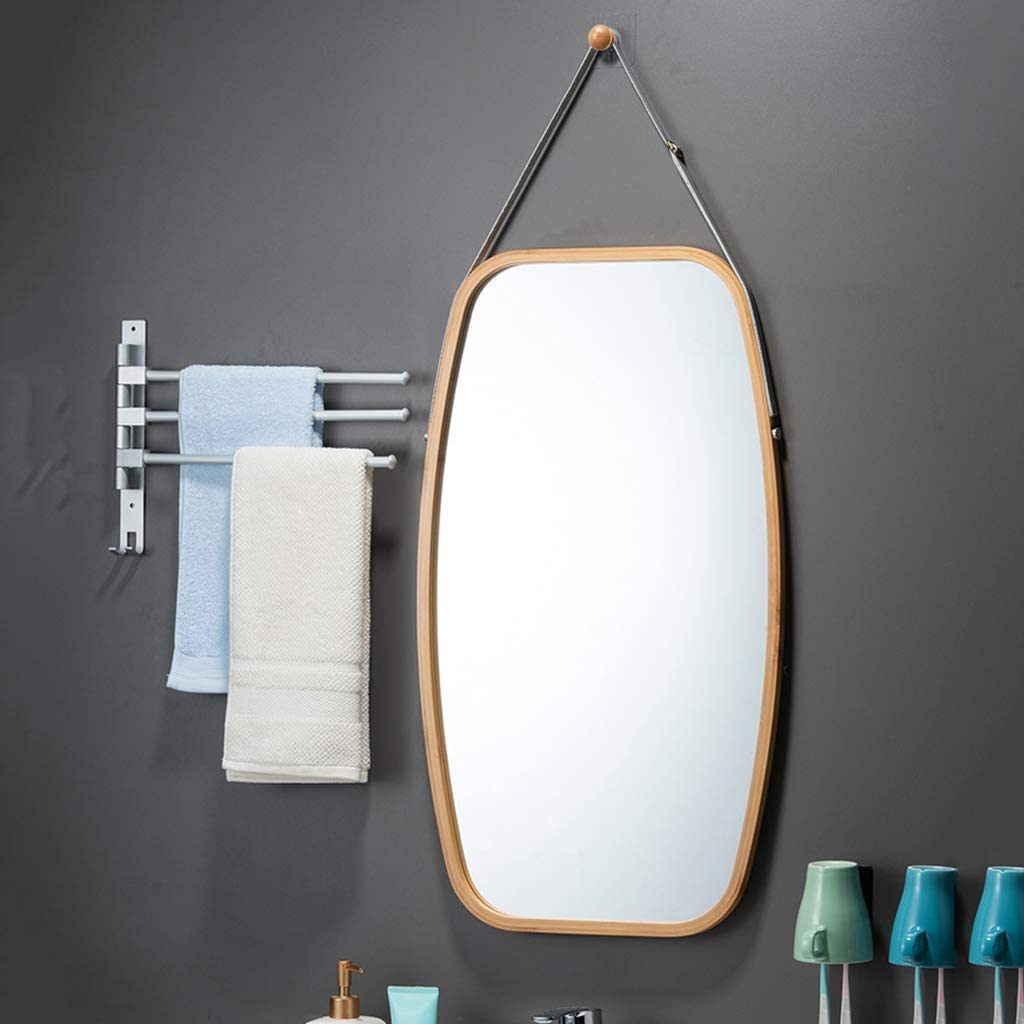 Hanging Full Length Wall Mirror - Solid Bamboo Frame and Adjustable Leather Strap for Bathroom and Bedroom