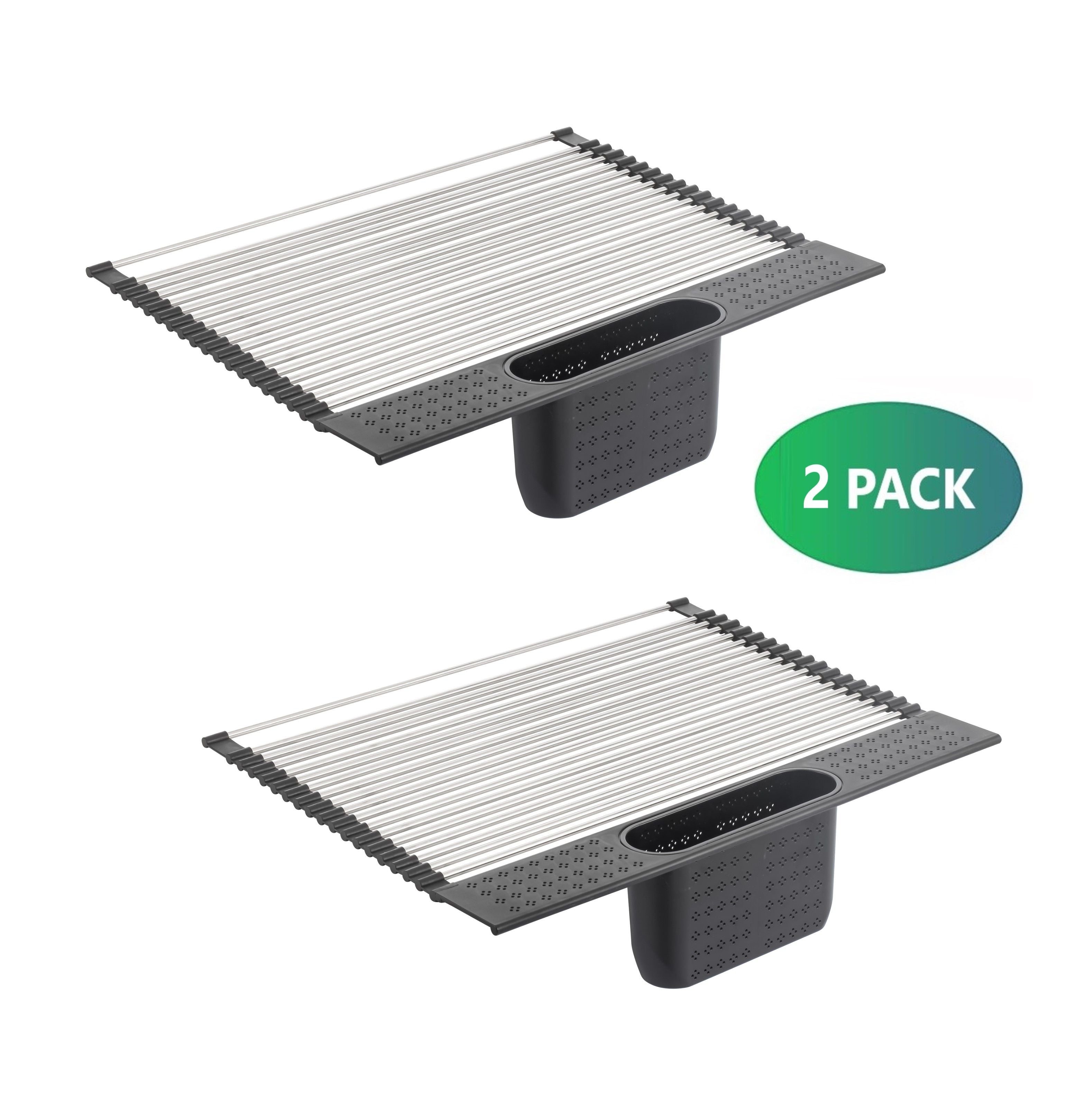 2 Pack Large Stainless Steel Roll Up Dish Drying Rack with Utensil Holder for Home Kitchen