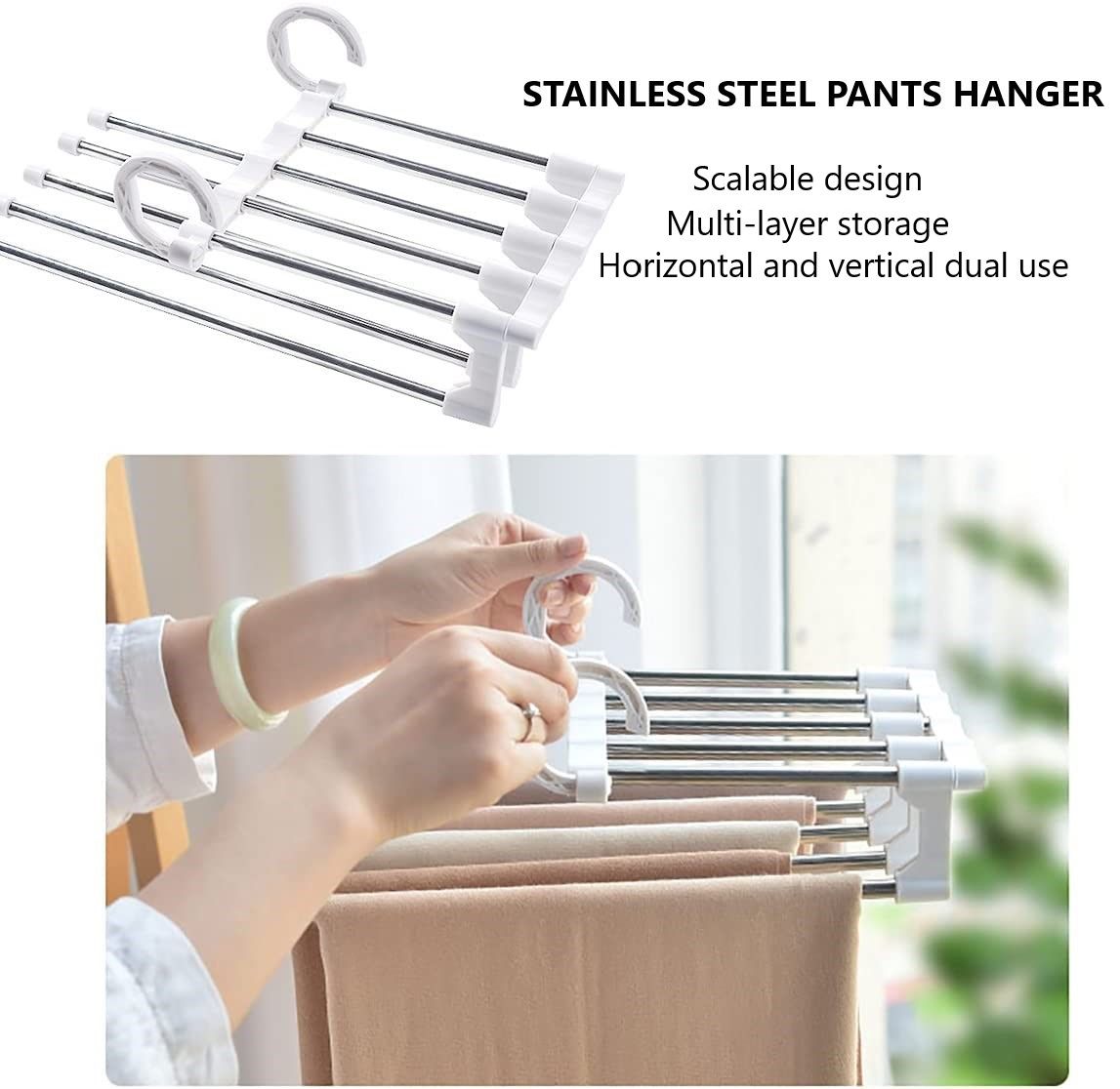 4 Pack Stainless Steel Adjustable 5 in 1 Pants Hangers Non-Slip Space Saving for Home Storage