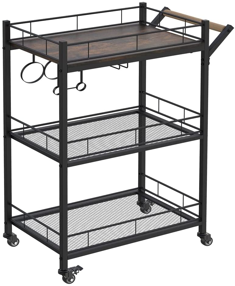 3-Tier Vintage Kitchen Serving Cart on Wheels and Wine Rack (Brown)