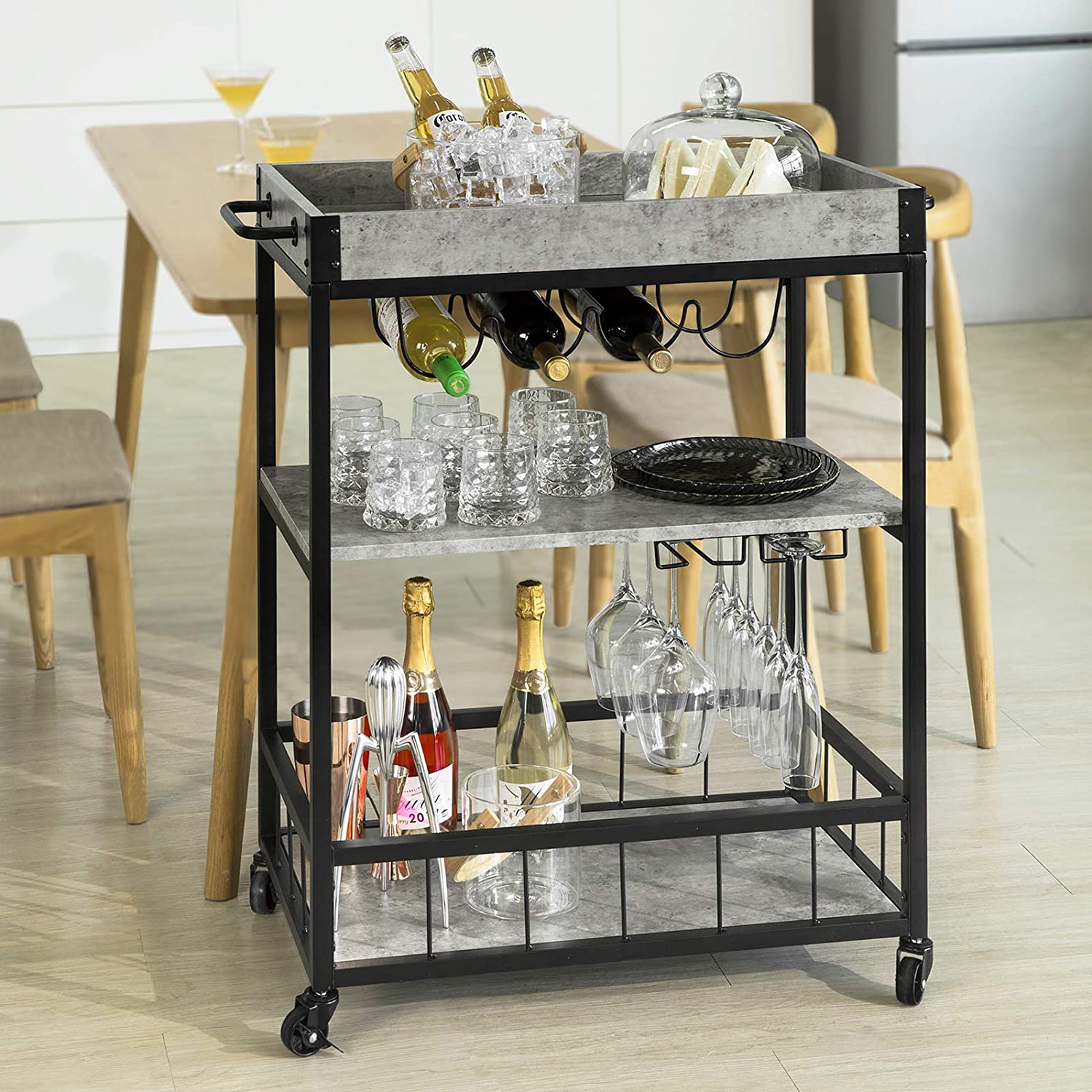 Industrial Vintage Style Wood Metal 3 Tiers Kitchen Serving Trolley with Wine Rack (Grey)