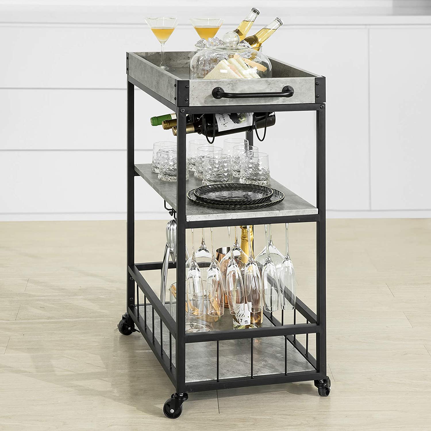 Industrial Vintage Style Wood Metal 3 Tiers Kitchen Serving Trolley with Wine Rack (Grey)