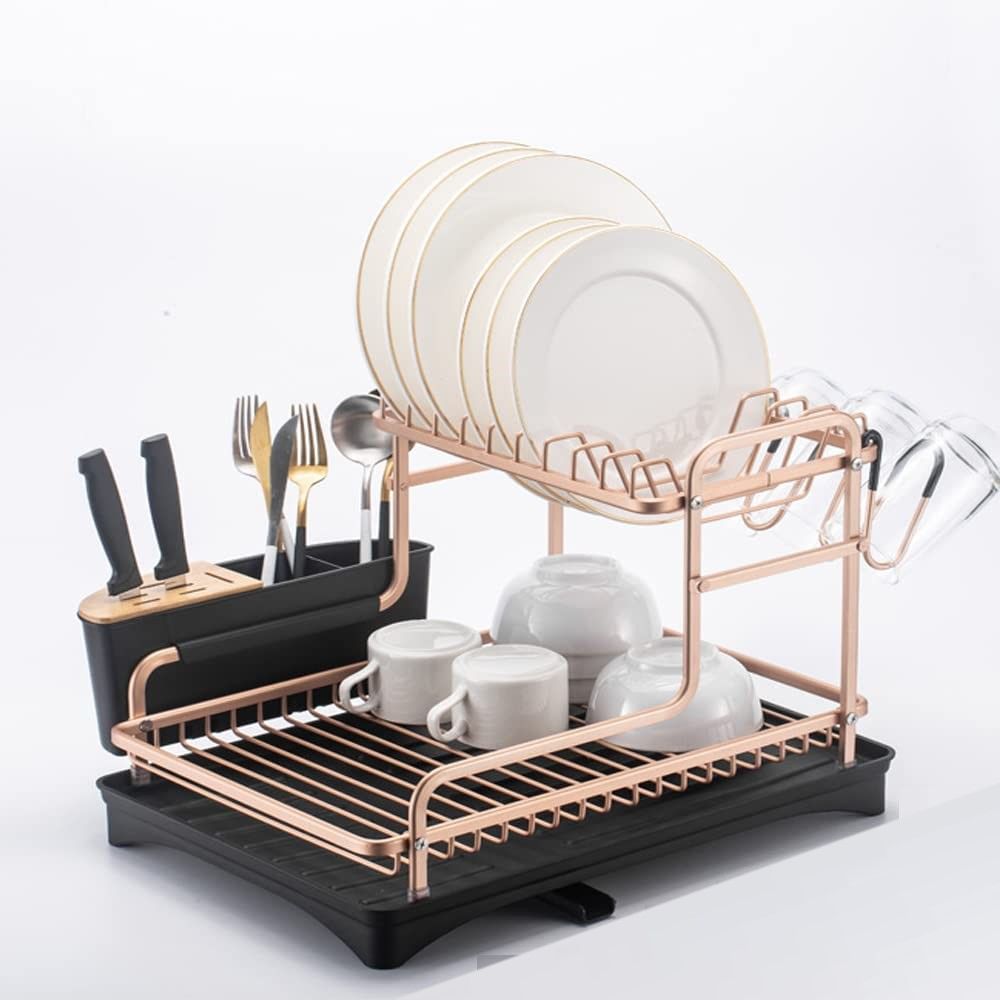 Aluminum Dish Drying Rack with Removable Cutlery Holder and Cup Holder