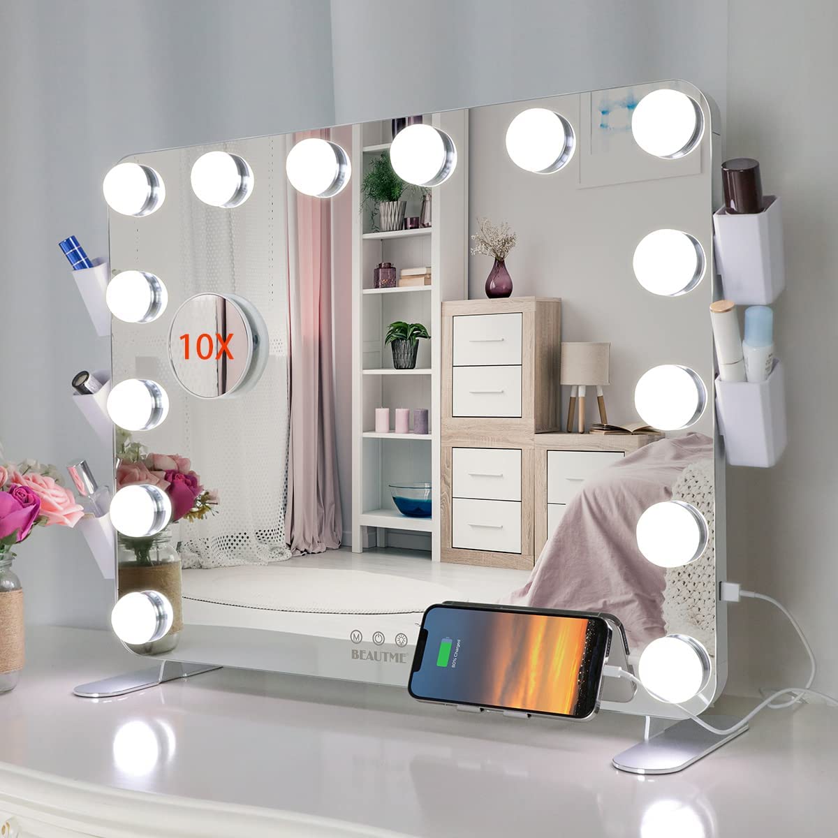 Hollywood Makeup Vanity Mirror with LED Lights, USB charging and Detachable 10X Magnification Mirror (Silver,  66 x 48 cm)