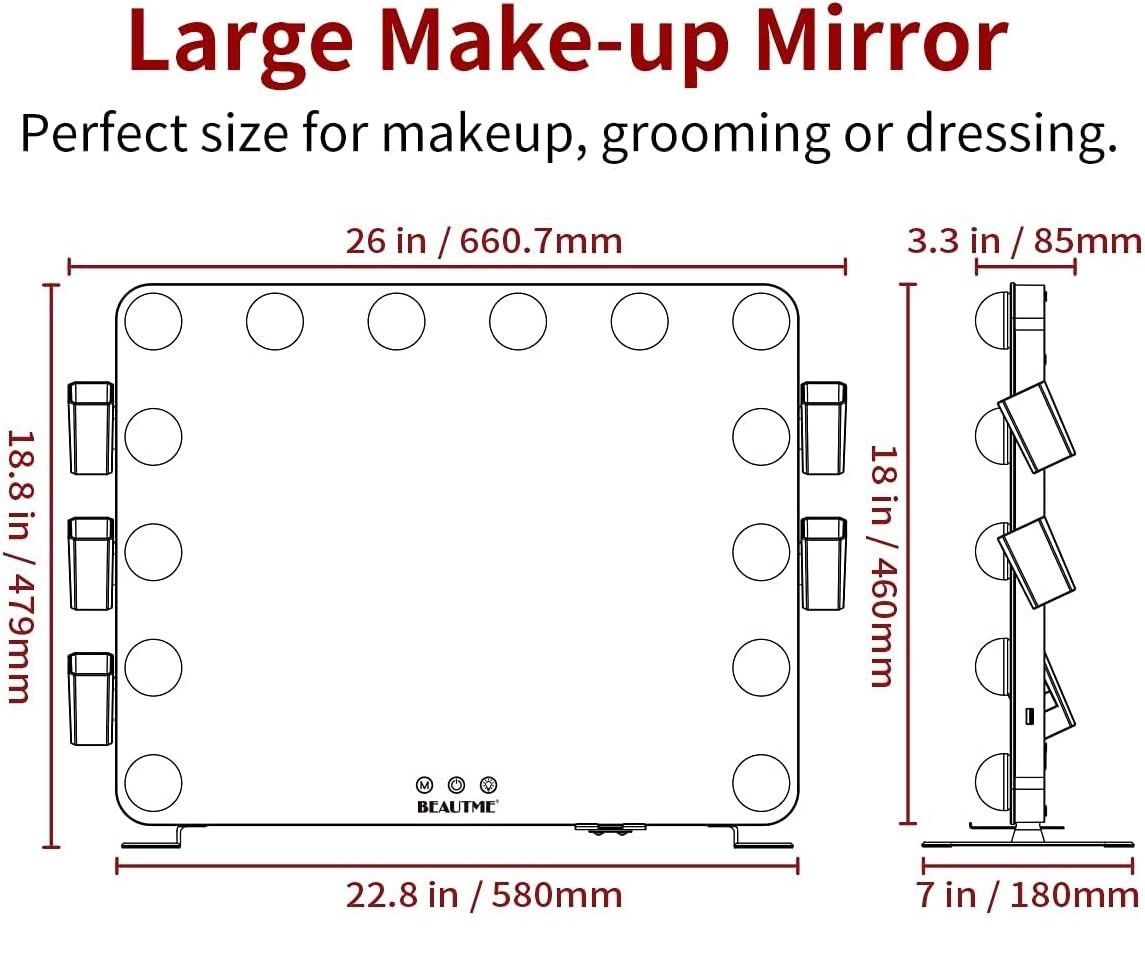 Hollywood Makeup Vanity Mirror with LED Lights, USB charging and Detachable 10X Magnification Mirror (Silver,  66 x 48 cm)