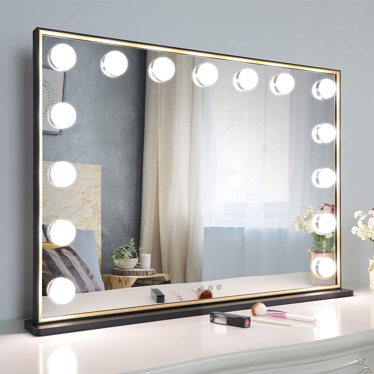 Hollywood Makeup Vanity Mirror with LED Lights and with Smart Button (Black, 77 x 55 cm)