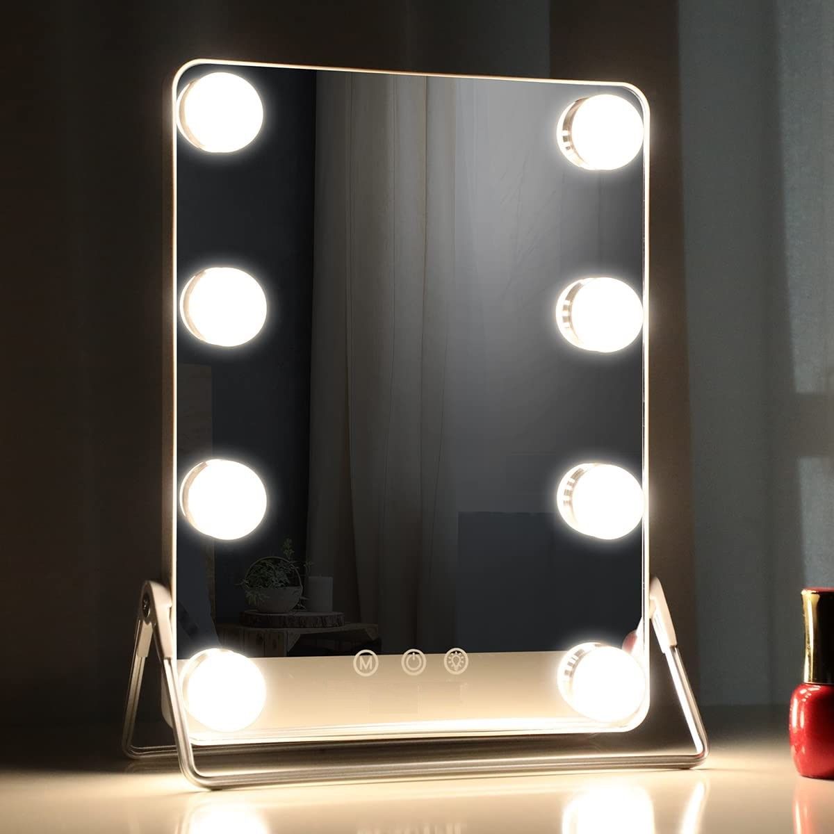 10X Magnifying Vanity Mirror with Lights with 8 Dimmable Bulbs for Makeup and Travel (Grey, 31 x25 cm)