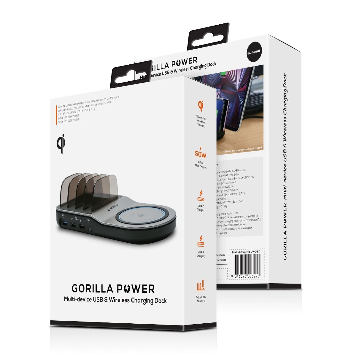 mbeat Gorilla Power 50W Qi Certified Multi-Device USB & Wireless Charging Dock