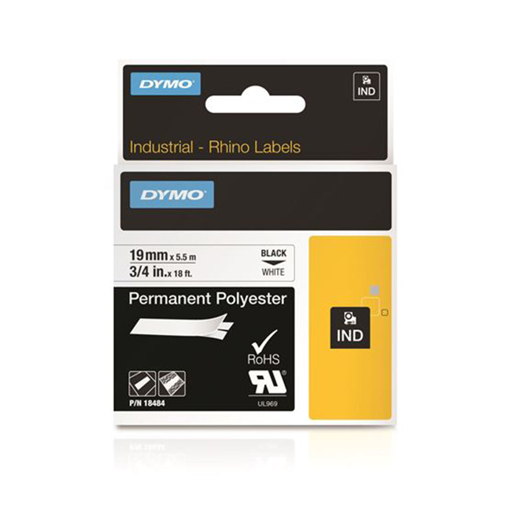 DymoRhino Blk on Wht 19mm Tape 19mm x 5.5m - for use in Dymo Printer
