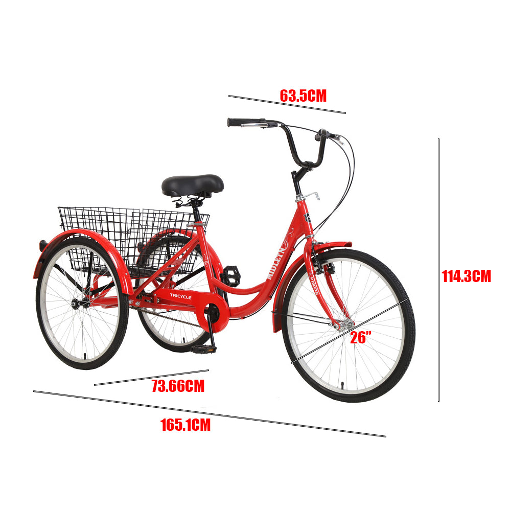 New 26 inch Adult Tricycle 7-Speed 3 Wheels Bike with Free Lock Installation Tool Red