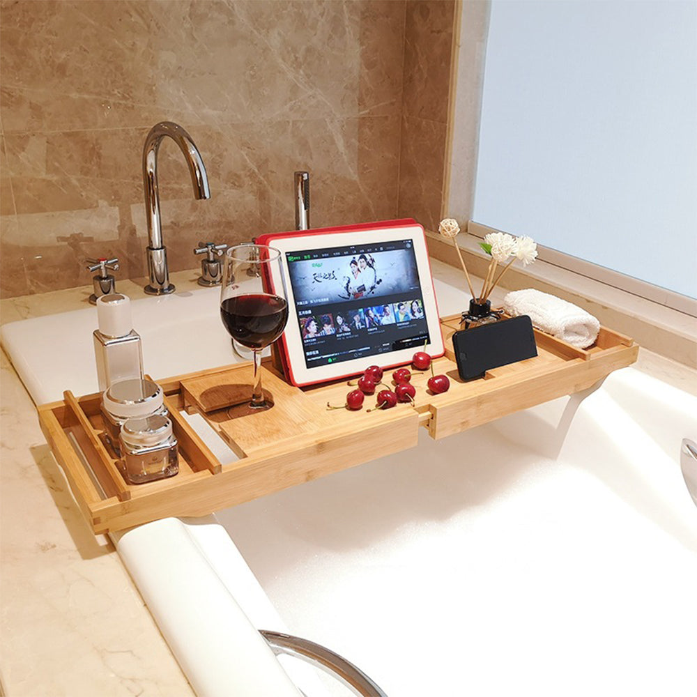 Expandable Bamboo Bath Book Caddy iPhone ipad Wineglass Holder Over Bathtub Rack