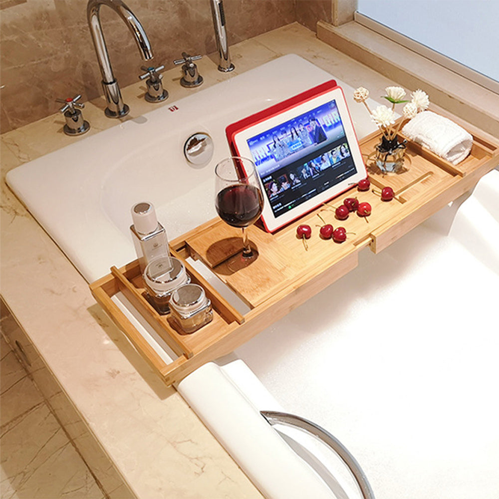 Expandable Bamboo Bath Book Caddy iPhone ipad Wineglass Holder Over Bathtub Rack